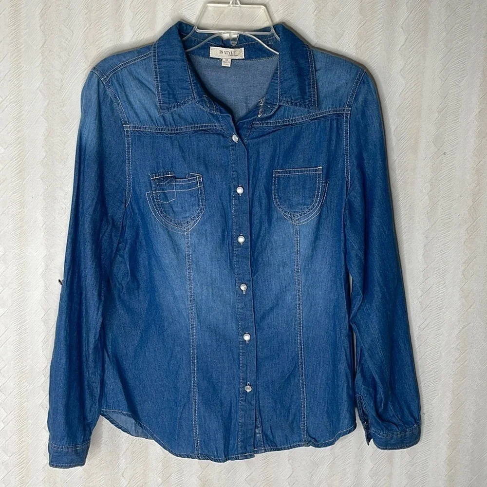 Women's Blue Button Down Shirt - Picture 3 of 6